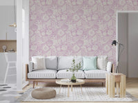 Soft purple background carries shells, urchins, and corals in Boho Lavender wallpaper.GD9546