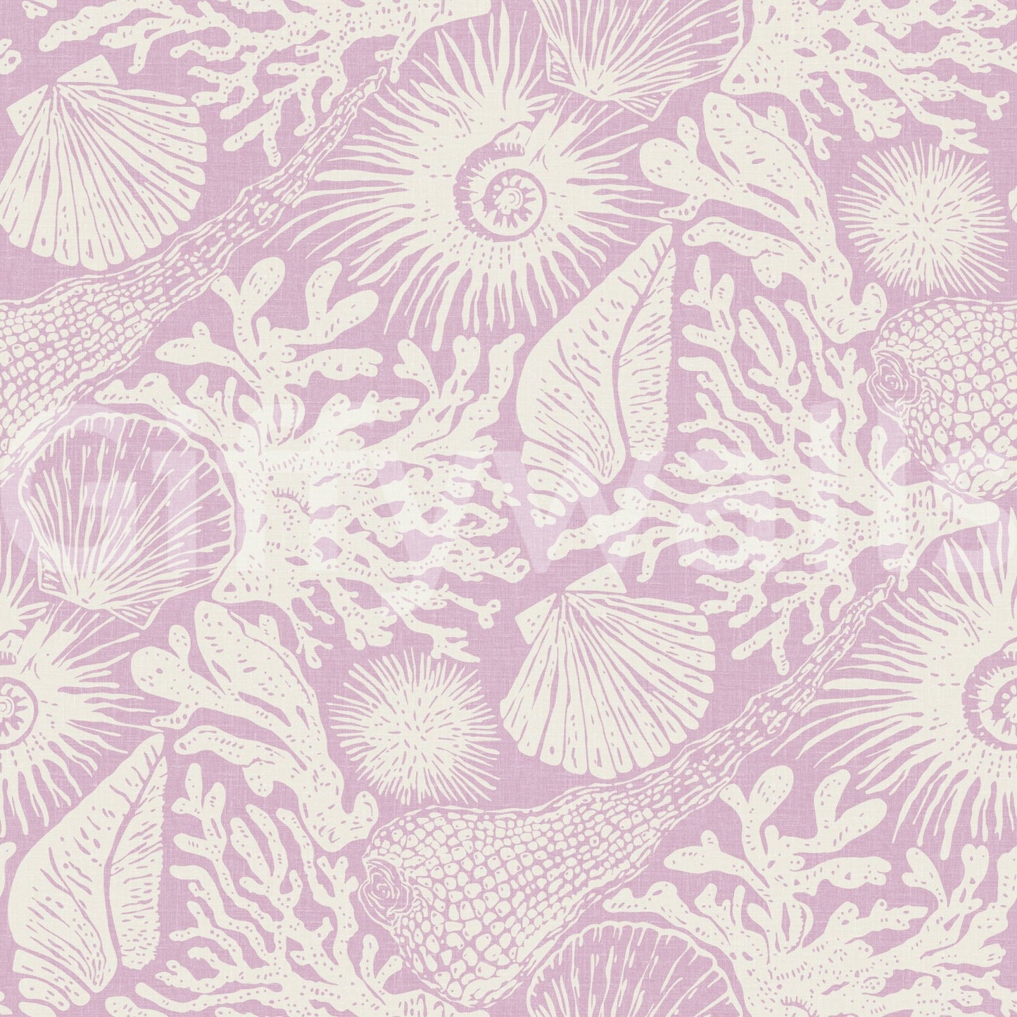 Sponges, reef branches, and curled ammonites pattern this Coral Lavender wallpaper.⁠GD9546