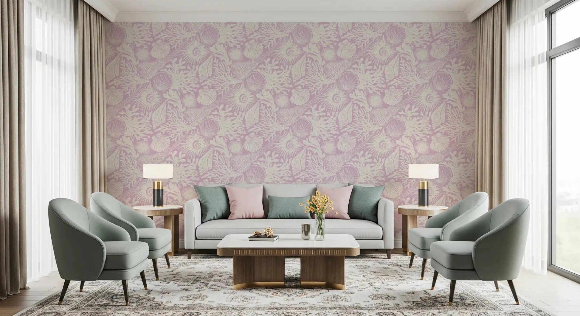 Soft lavender tones wash a living room with Seashell Coral Lavender wallpaper.
GD9546