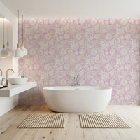 Pale shells and reef forms fill a bathroom backdrop in Lavender Seashell wallpaper.GD9546