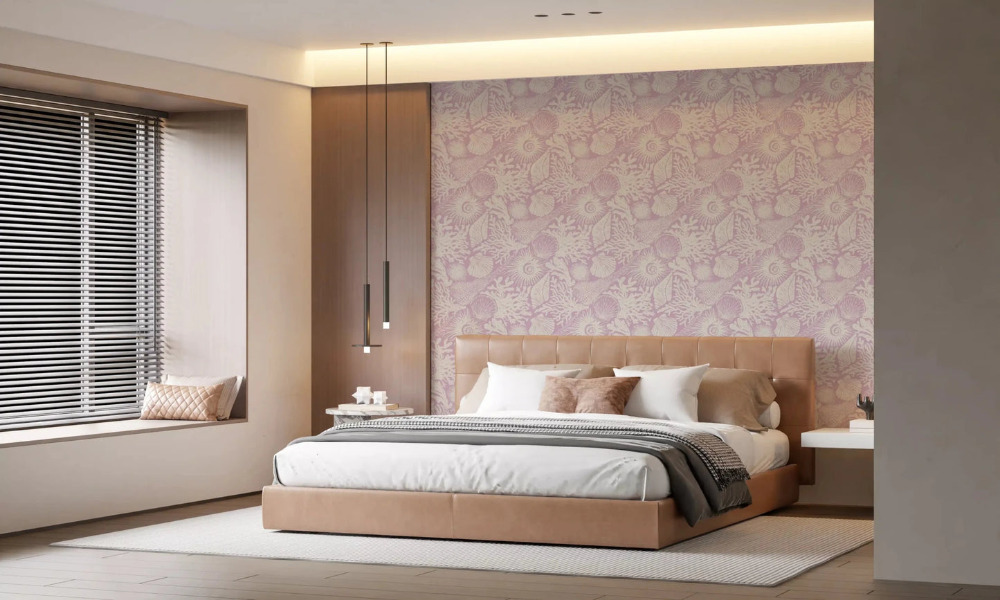 Beneath the motifs, a fine linen grain shows in Boho Seashell wallpaper.GD9546