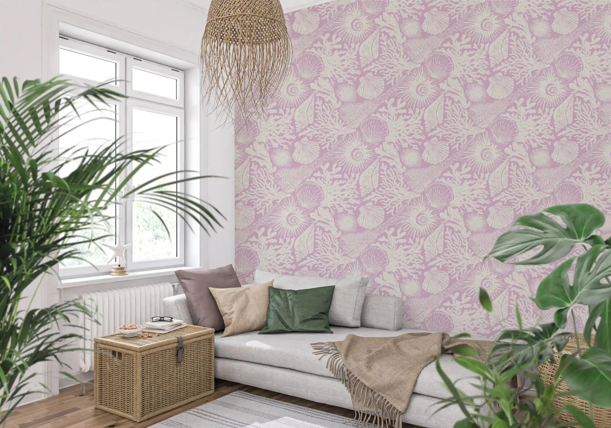 A master Living room rests beneath Boho Coral Lavender wallpaper in calm purple wash.GD9546