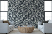 Pen-style detailing builds the marine pattern of Seashell Coral Midnight wallpaper.⁠GD9544
