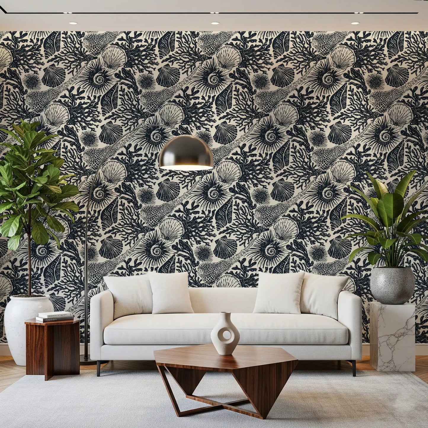 Cream and dark navy frame a Living room through this Boho Coral Midnight wallpaper.GD9544