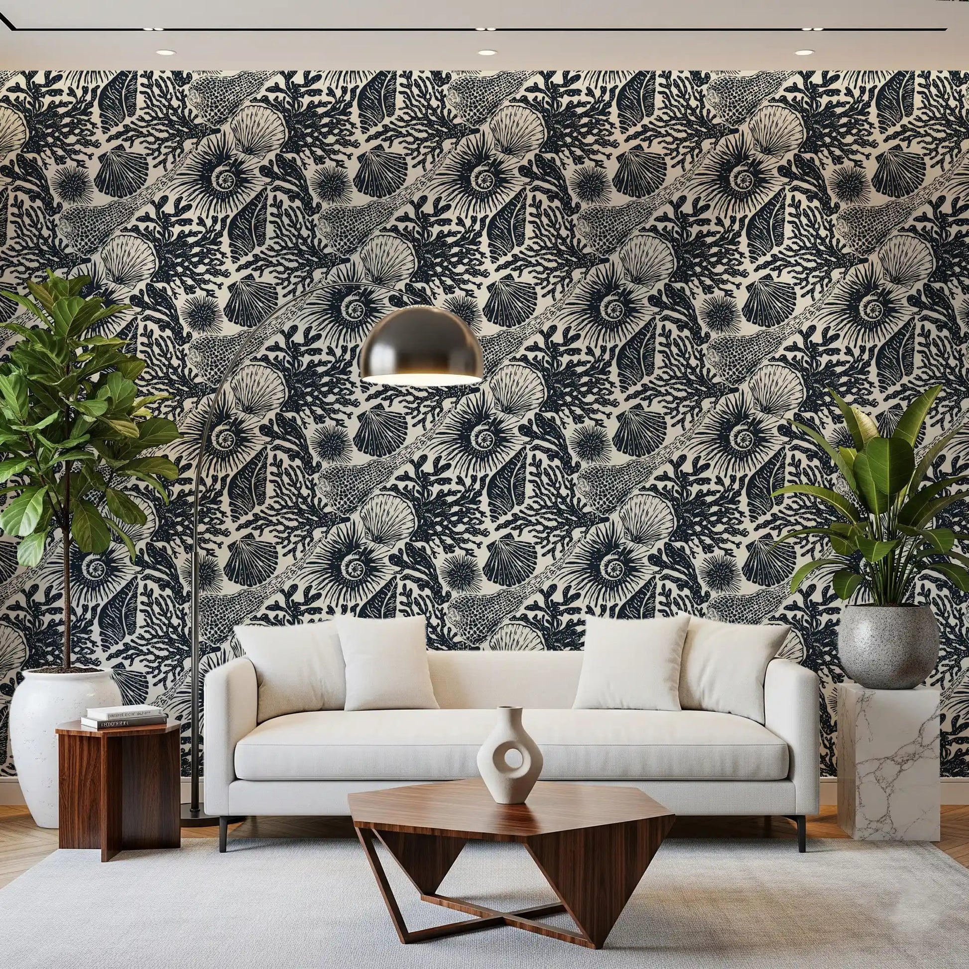 Cream and dark navy frame a Living room through this Boho Coral Midnight wallpaper.GD9544
