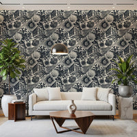 Cream and dark navy frame a Living room through this Boho Coral Midnight wallpaper.GD9544