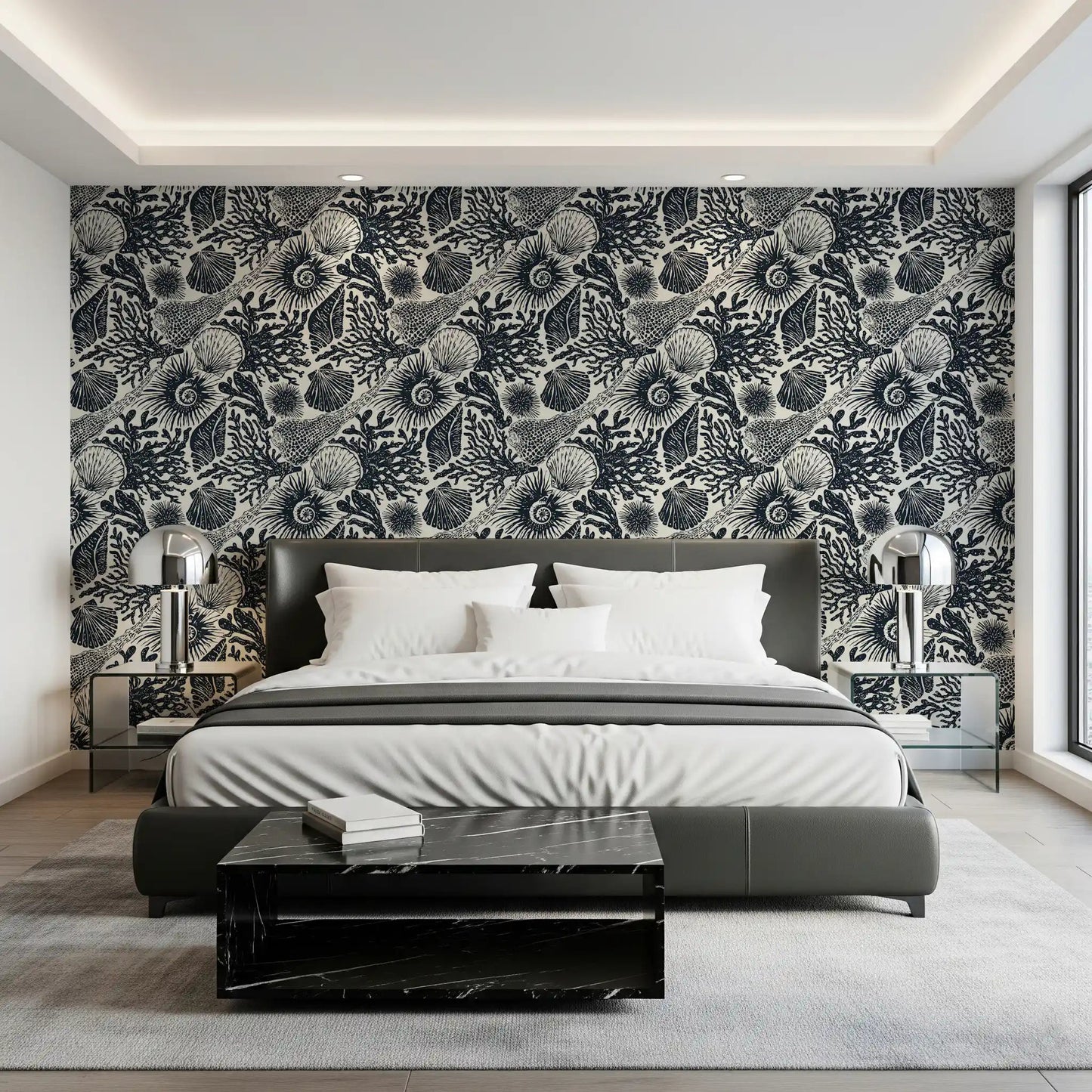 Heavy navy linework brings sea life forward on Boho Seashell Coral wallpaper.⁠GD9544