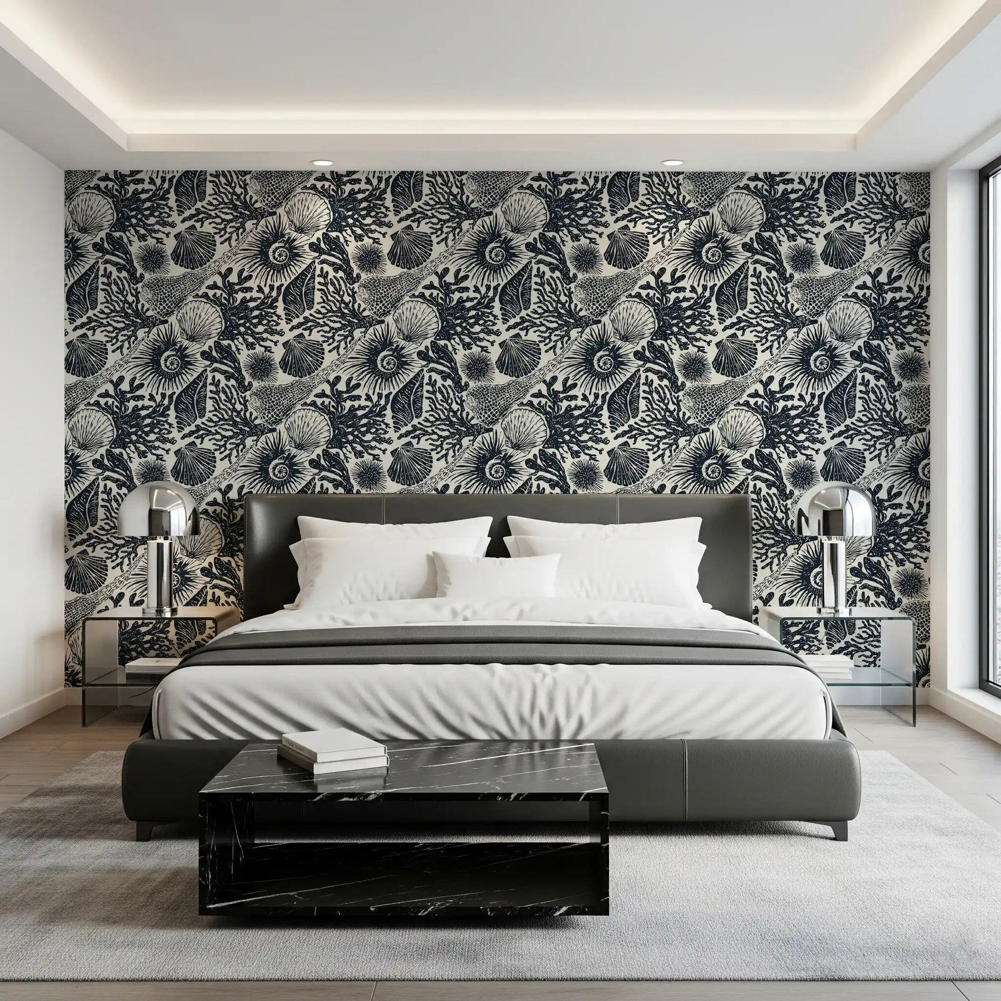 Heavy navy linework brings sea life forward on Boho Seashell Coral wallpaper.⁠GD9544