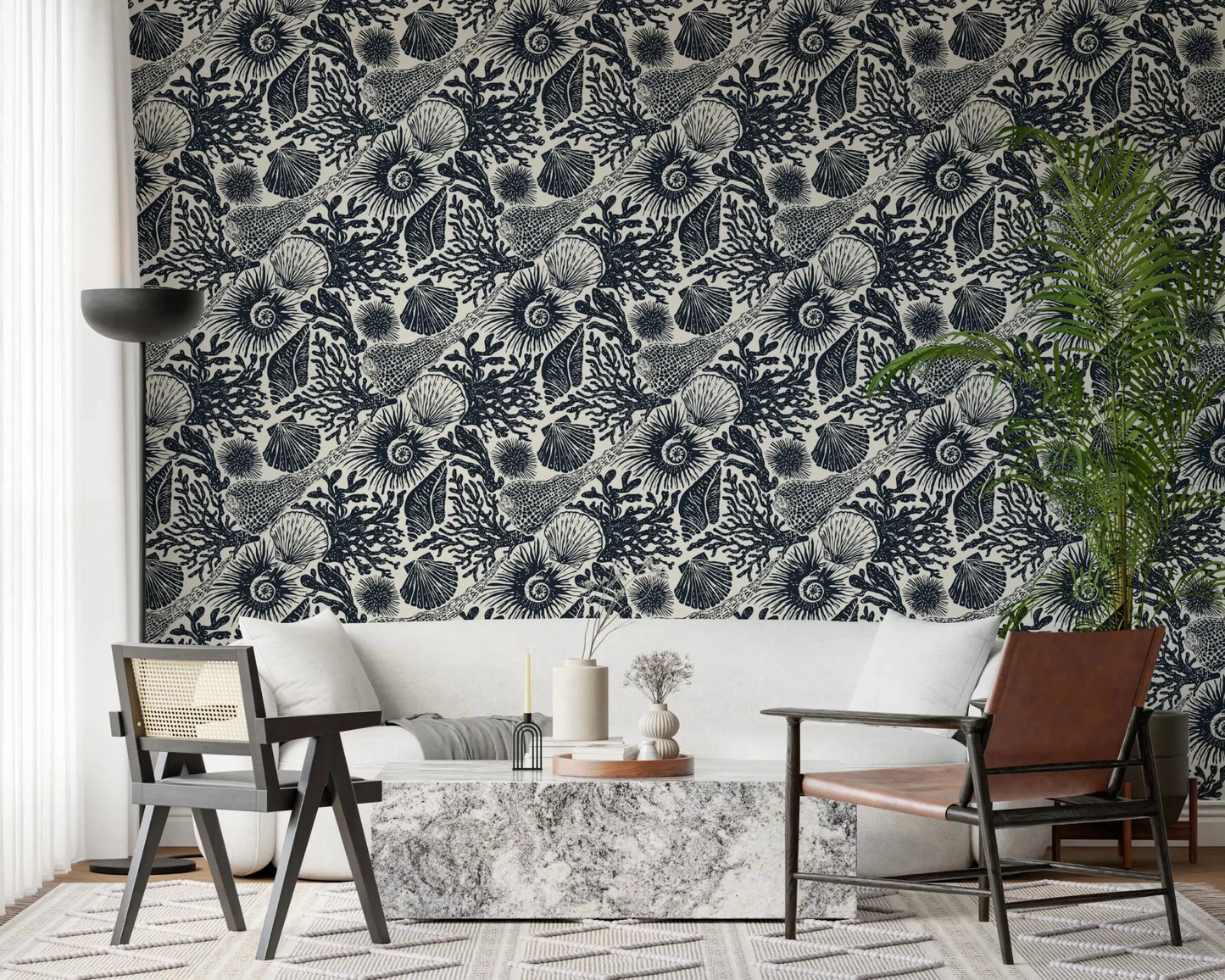 Master hallway backdrops feel coastal with Coral Midnight Blue wallpaper.
GD9544