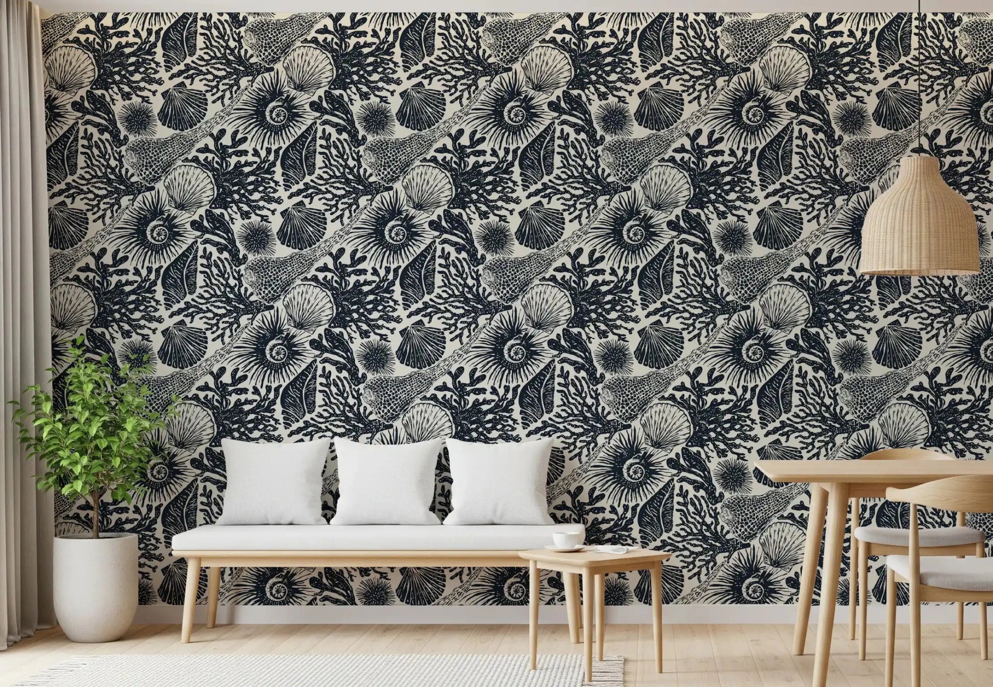 Tiny canvas weave runs under the cream backdrop of Boho Seashell wallpaper.⁠GD9544