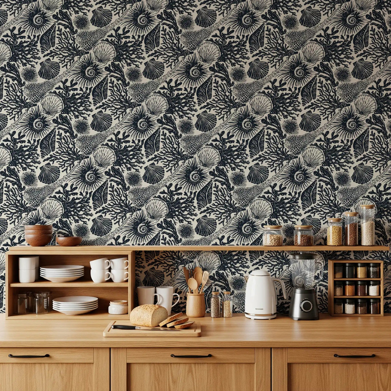 Kitchen turn coastal with navy reef sketches on Boho Seashell wallpaper.⁠GD9544