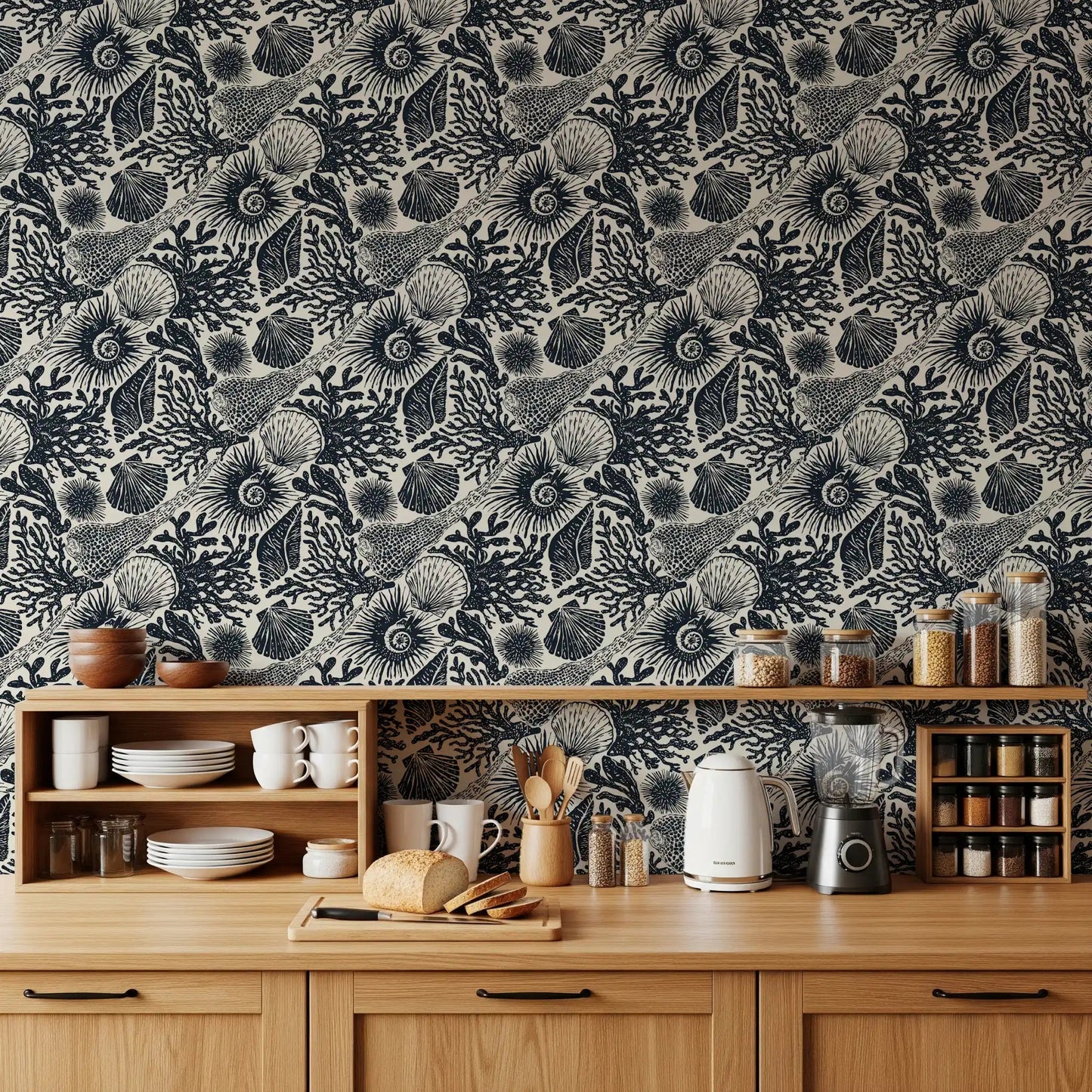 Kitchen turn coastal with navy reef sketches on Boho Seashell wallpaper.⁠GD9544