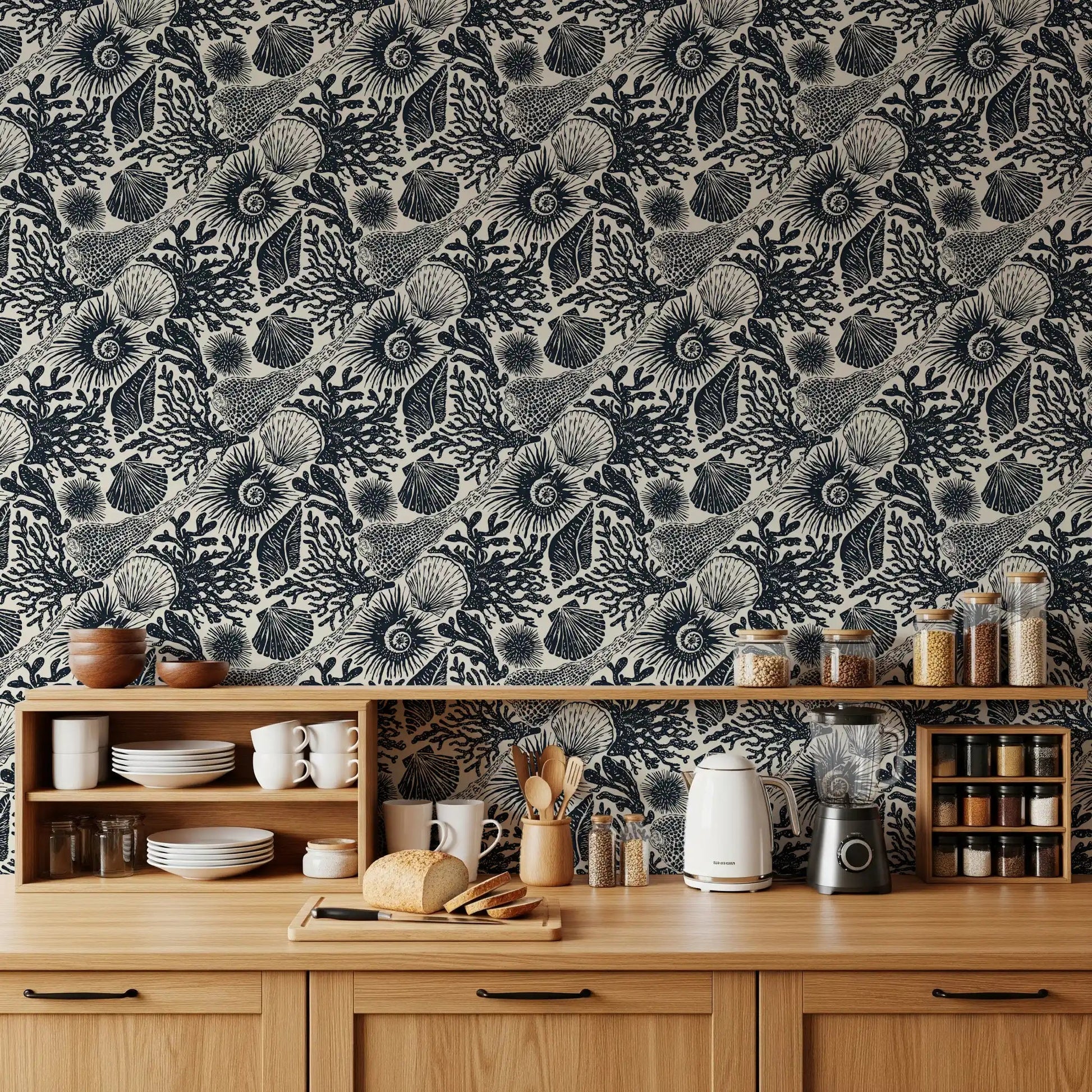 Kitchen turn coastal with navy reef sketches on Boho Seashell wallpaper.⁠GD9544