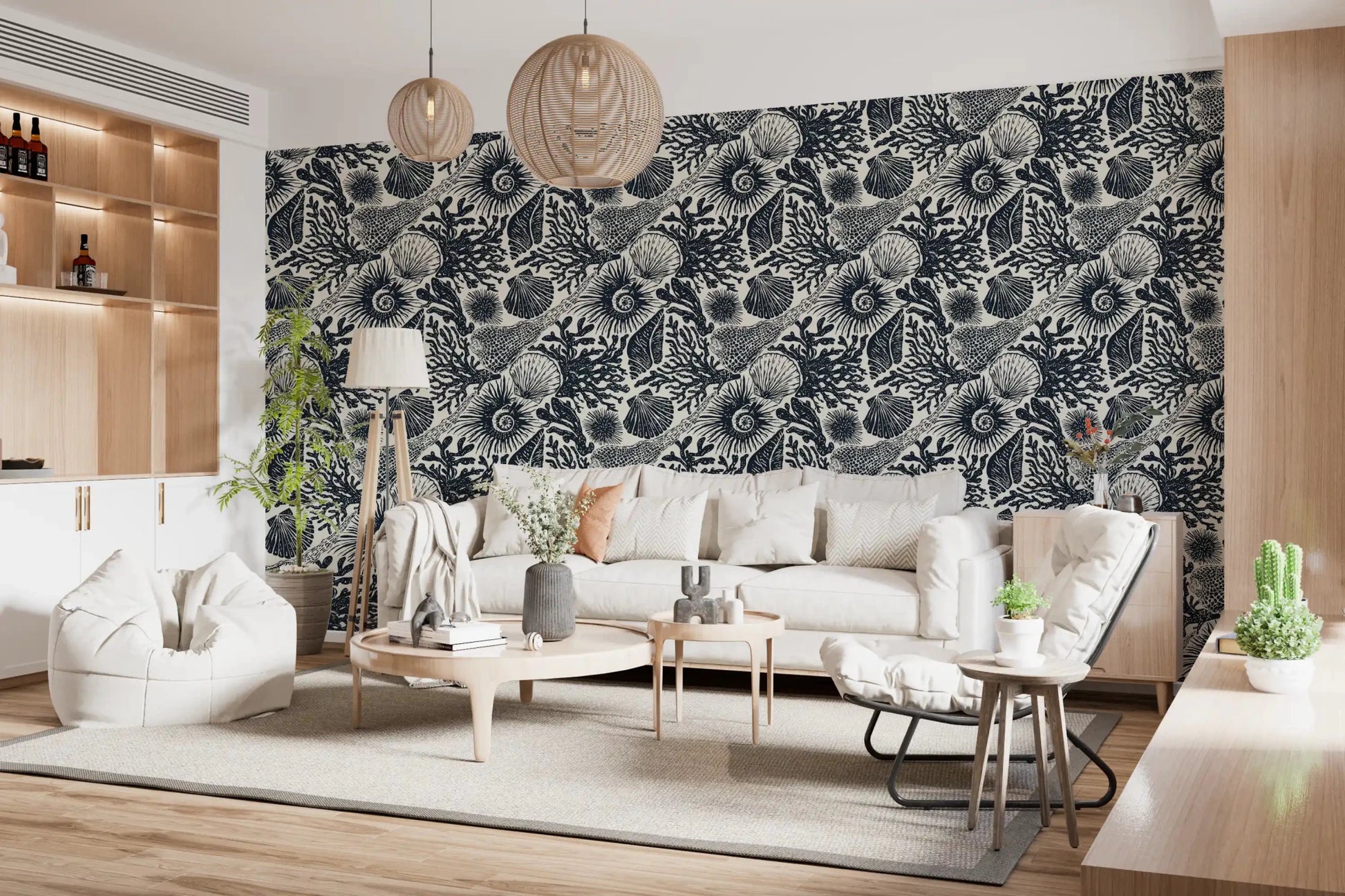 Bold marine illustrations fill a sitting room in Boho Seashell Midnight wallpaper.GD9544