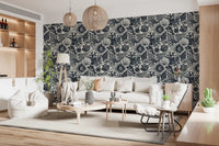 Bold marine illustrations fill a sitting room in Boho Seashell Midnight wallpaper.GD9544