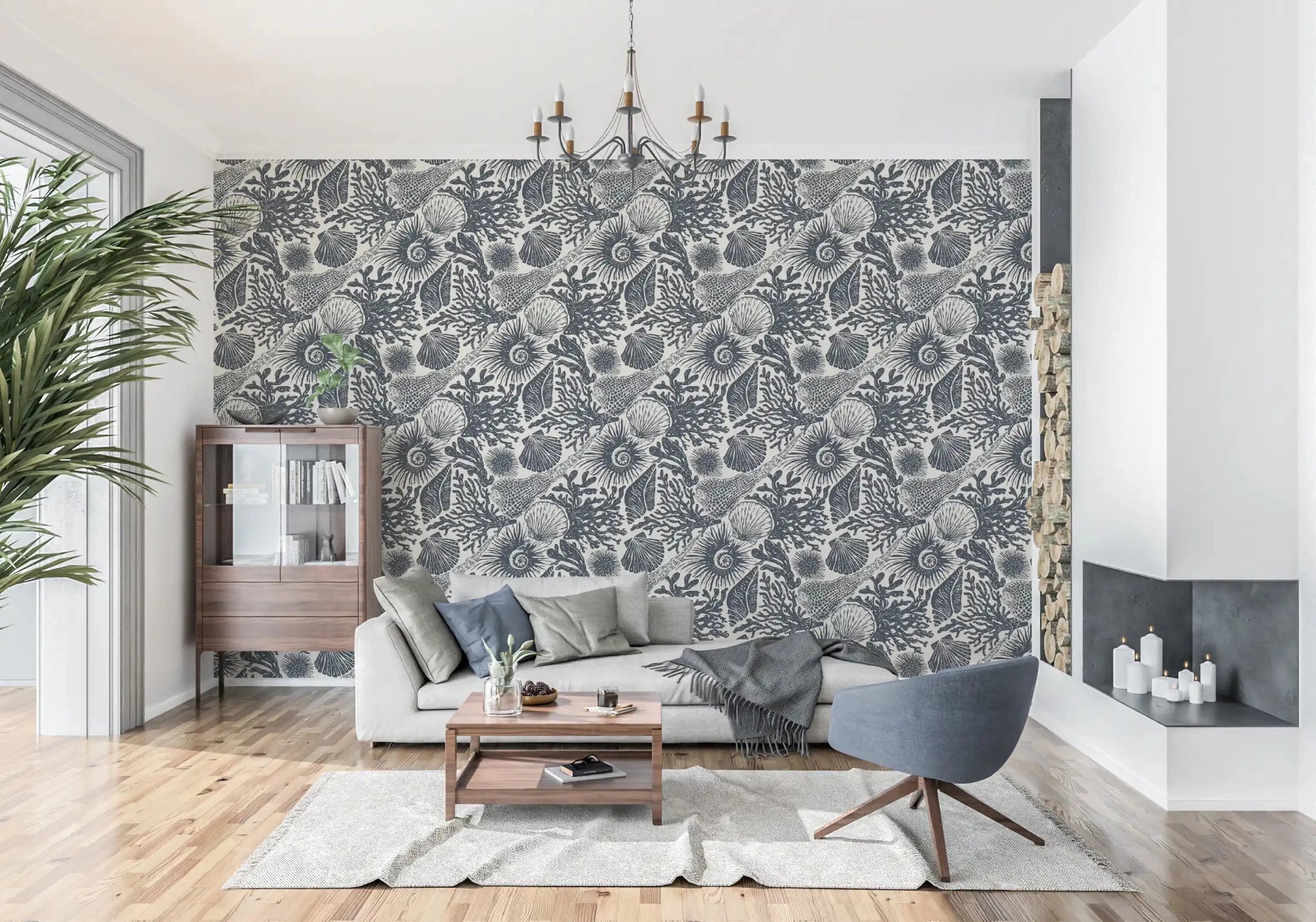 Reef textures Living room area with Seashell Coral Midnight Blue wallpaper.GD9544