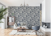Reef textures Living room area with Seashell Coral Midnight Blue wallpaper.GD9544
