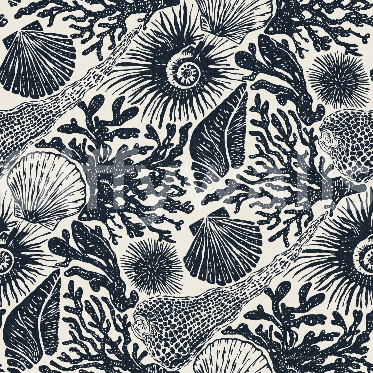 Ammonites curl beside reef branches in Coral Midnight Blue wallpaper.GD9544