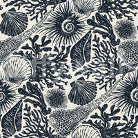Ammonites curl beside reef branches in Coral Midnight Blue wallpaper.GD9544