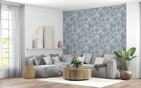 Cream background carries shells, urchins, and corals in Boho Muted Blue wallpaper.GD9545