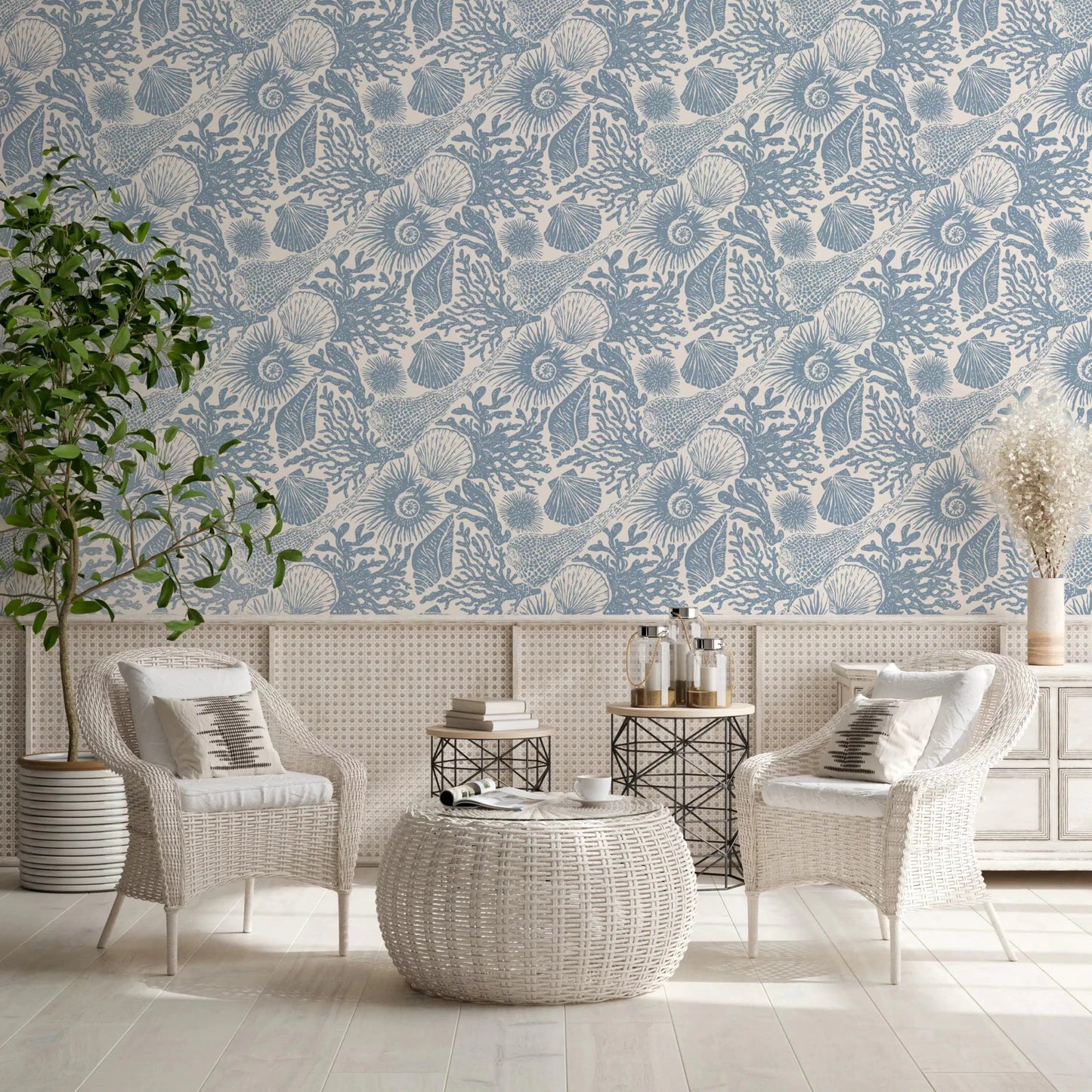 A master Living room rests beneath Boho Coral Muted Blue wallpaper in soft blue wash.
GD9545