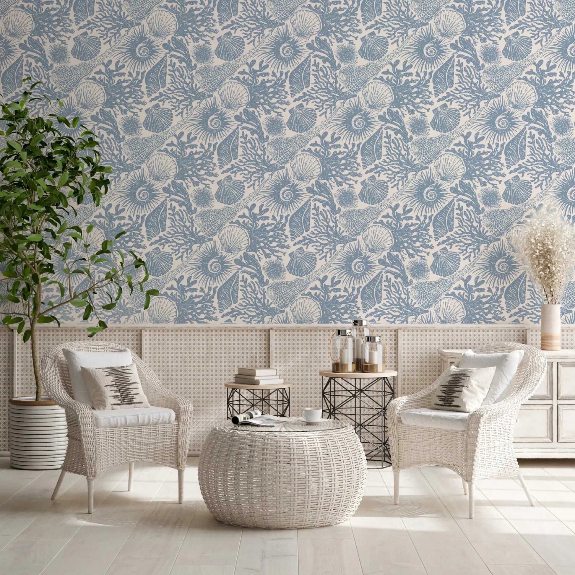 A master Living room rests beneath Boho Coral Muted Blue wallpaper in soft blue wash.
GD9545