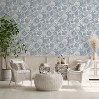 A master Living room rests beneath Boho Coral Muted Blue wallpaper in soft blue wash.
GD9545