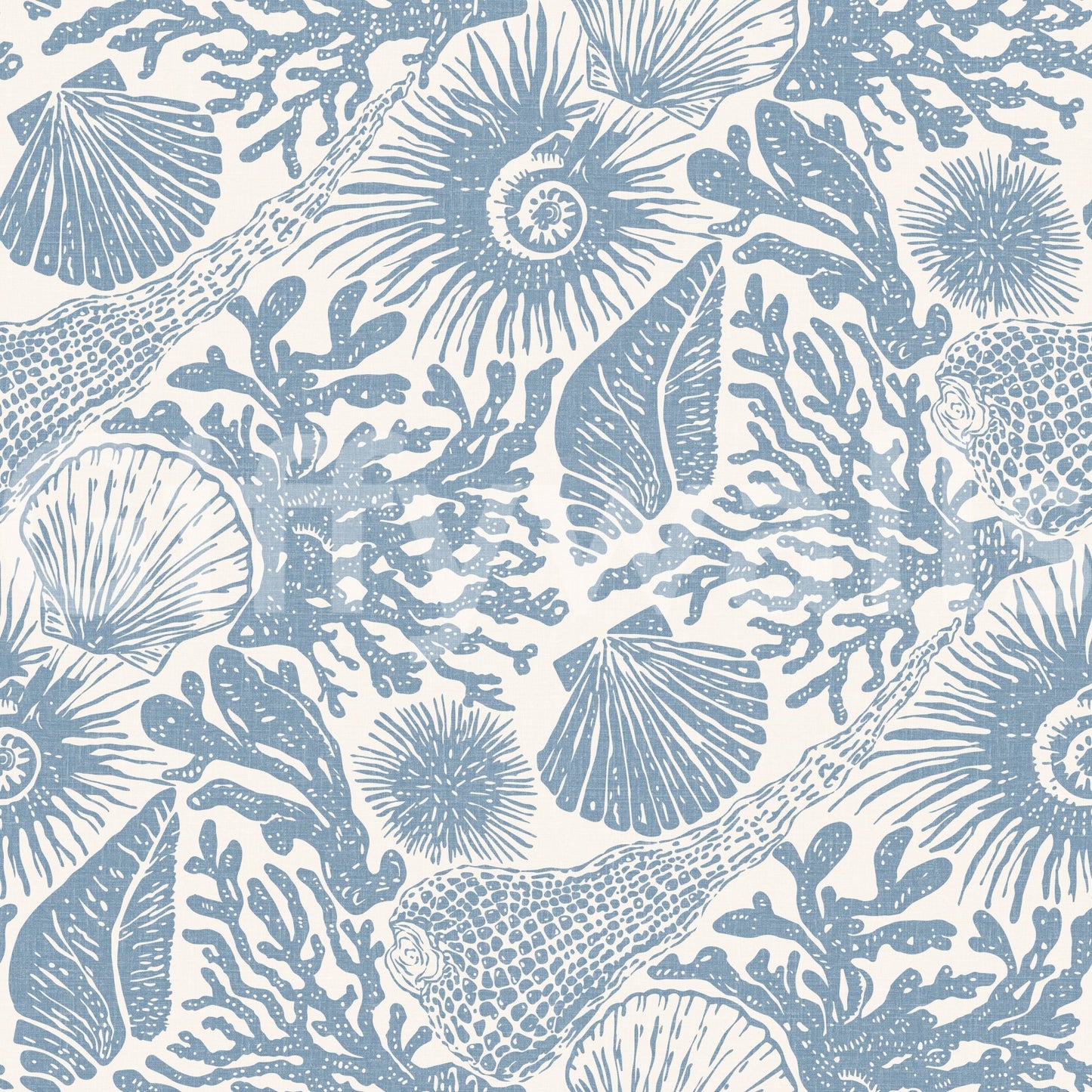 Sponges, reef branches, and curled ammonites pattern this Coral Muted Blue wallpaper.GD9545
