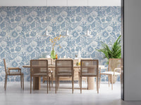 Across the Dining room, calm blue flows through Seashell Coral Muted Blue wallpaper.r⁠GD9545