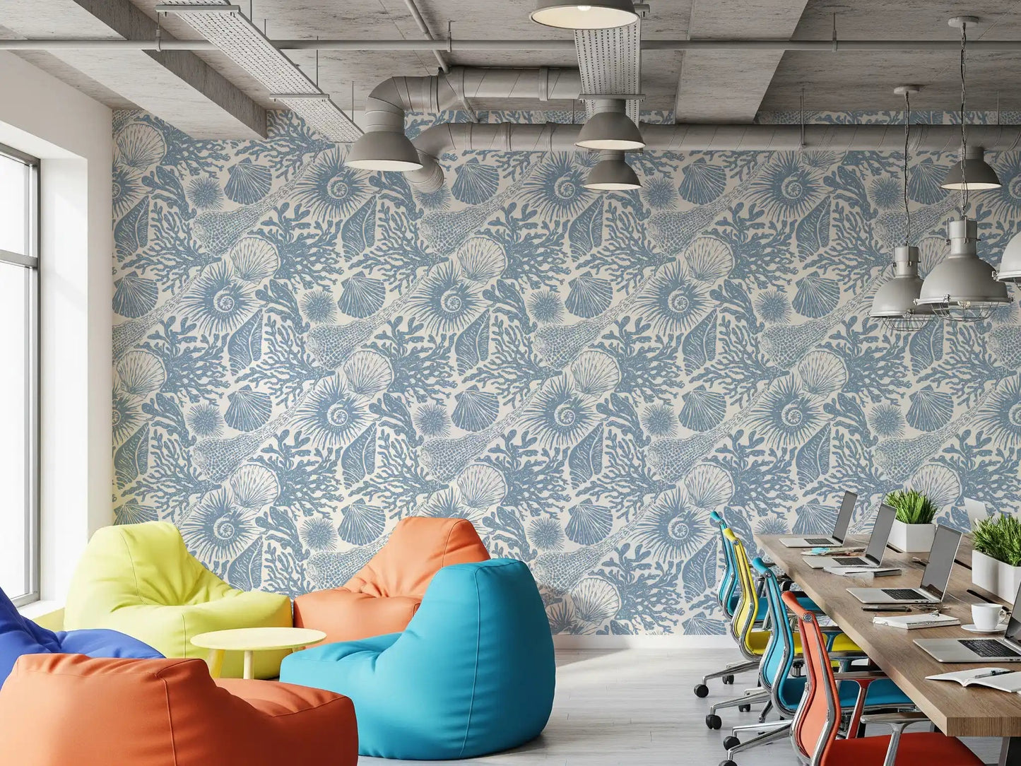 Inside a quiet Office area , marine sketches drift over Boho Coral Muted Blue wallpaper.⁠GD9545