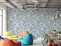 Inside a quiet Office area , marine sketches drift over Boho Coral Muted Blue wallpaper.⁠GD9545