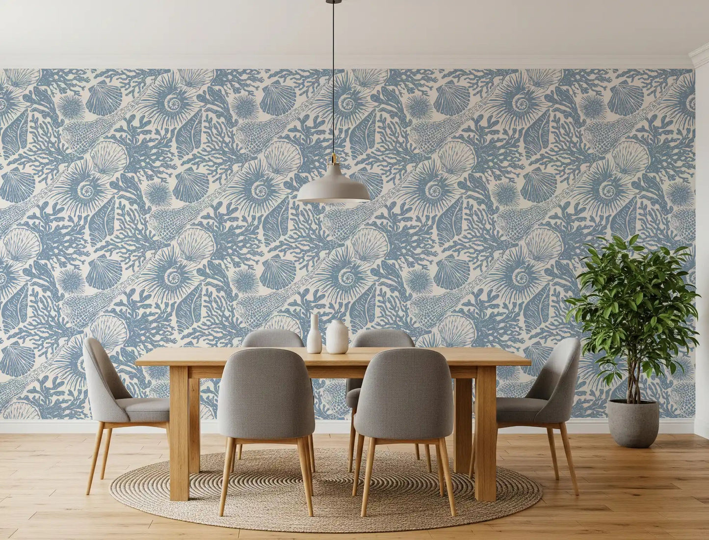 Pale shells and reef forms fill a Dining room backdrop in Boho Seashell wallpaper.⁠GD9545