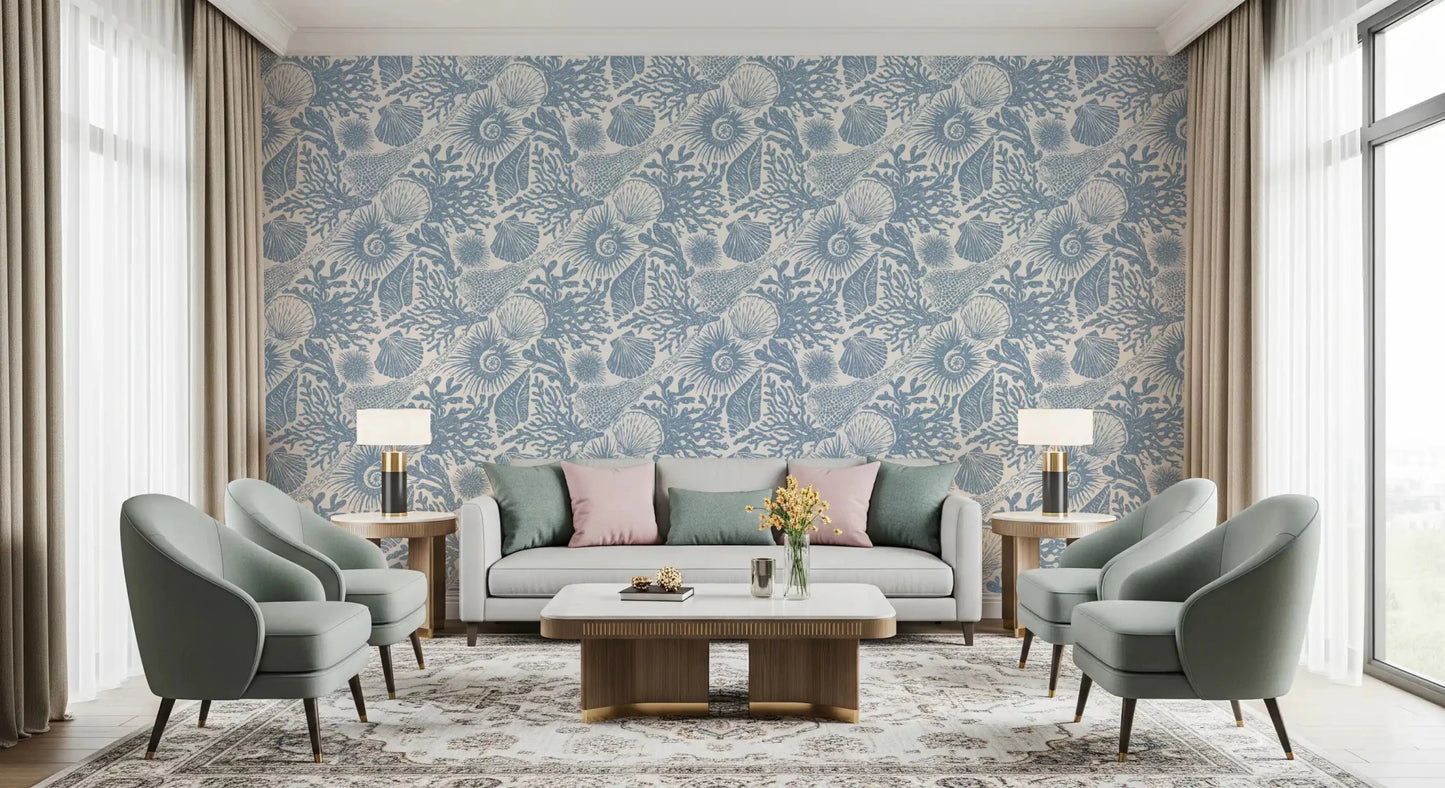 Hand-sketched marine life spreads across Boho Seashell Coral wallpaper in dusty blue.⁠GD9545