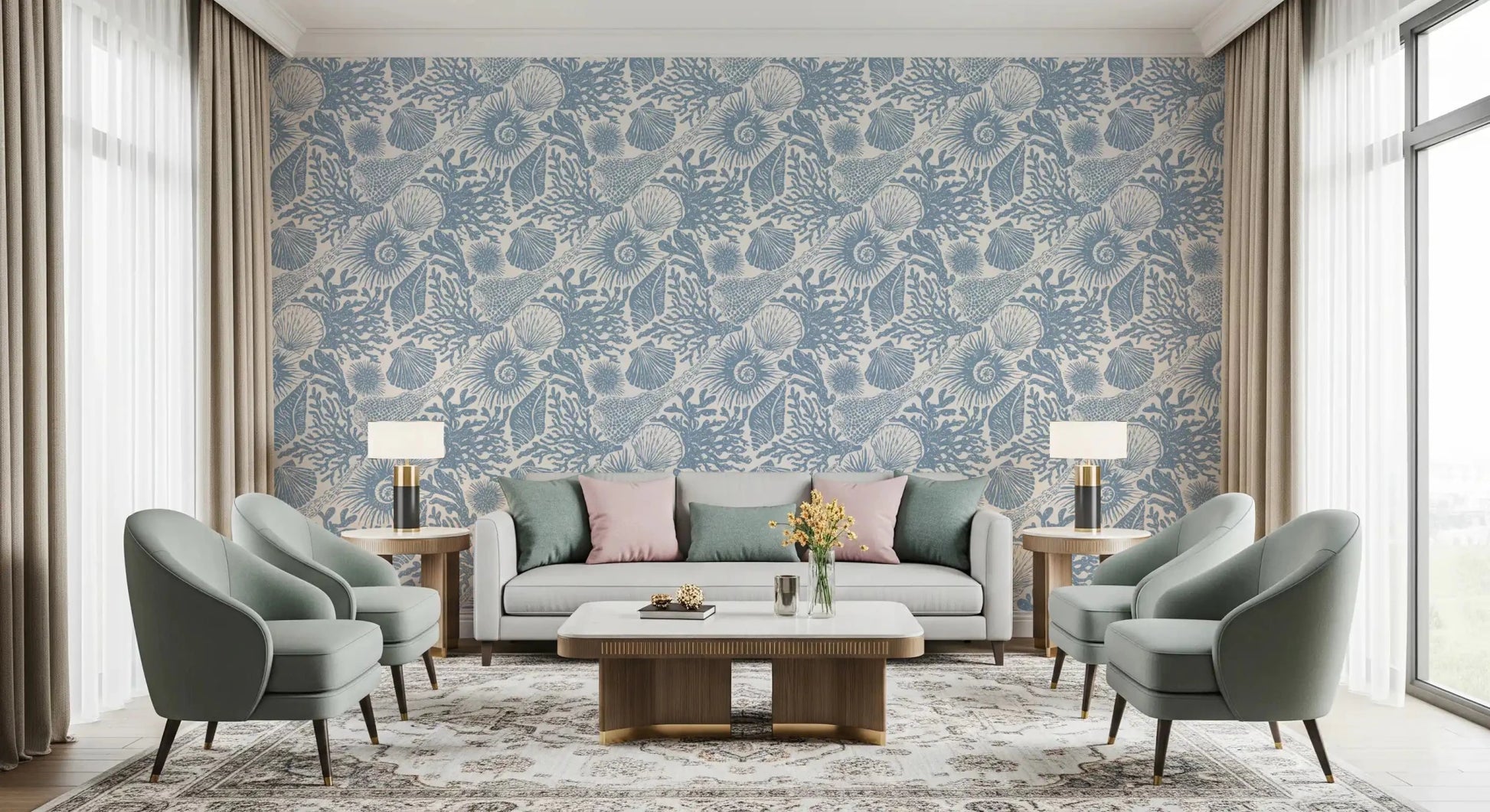 Hand-sketched marine life spreads across Boho Seashell Coral wallpaper in dusty blue.⁠GD9545