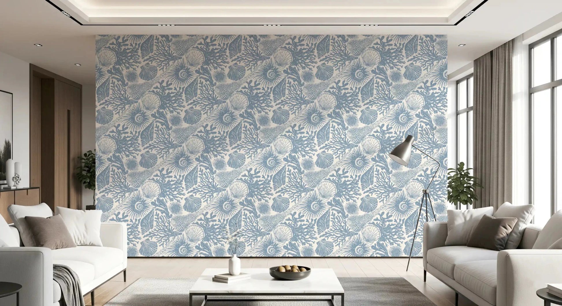 Through a lounge, ammonites and urchins float across Muted Blue Seashell wallpaper.⁠GD9545