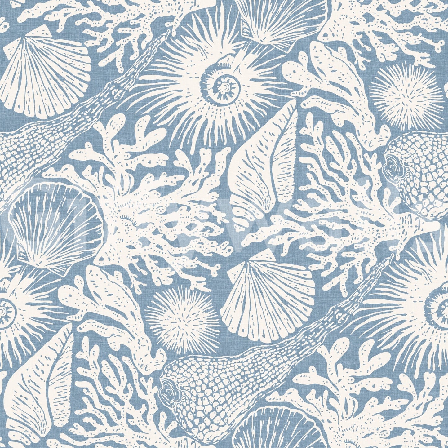 Reef branches, sponges, and ammonites layer through Seashell Coral Azure wallpaper.⁠GD9547