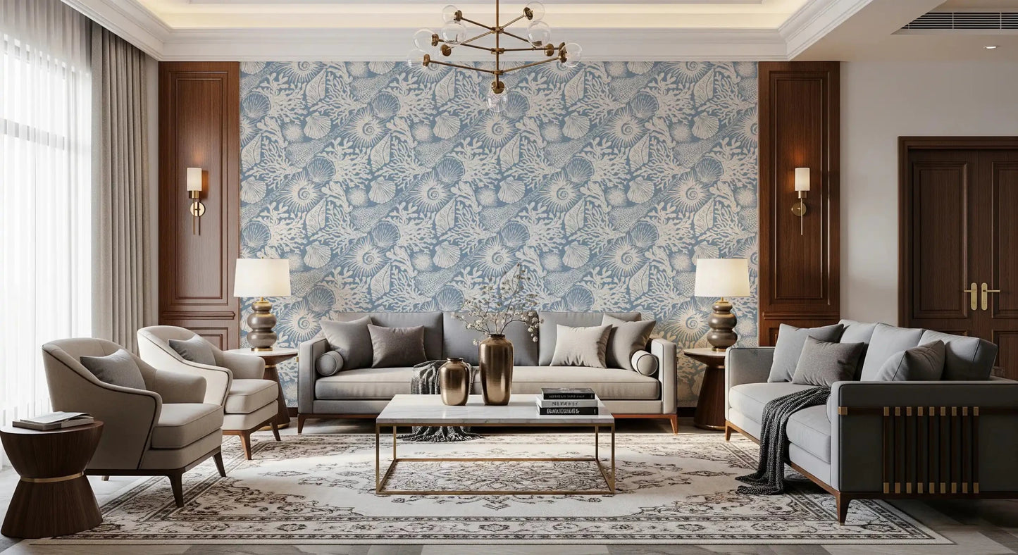 Linen weave runs beneath Boho Seashell Azure wallpaper for a softer washed feel.GD9547