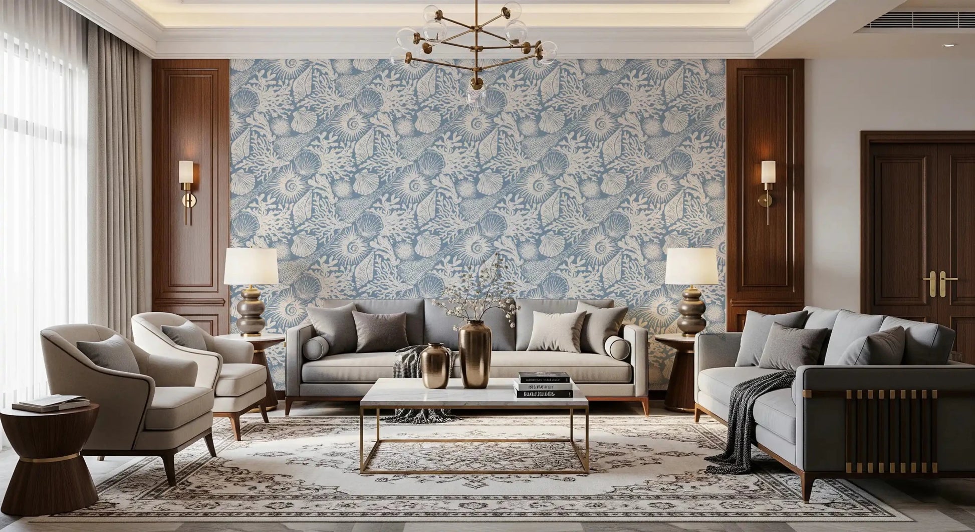 Linen weave runs beneath Boho Seashell Azure wallpaper for a softer washed feel.GD9547