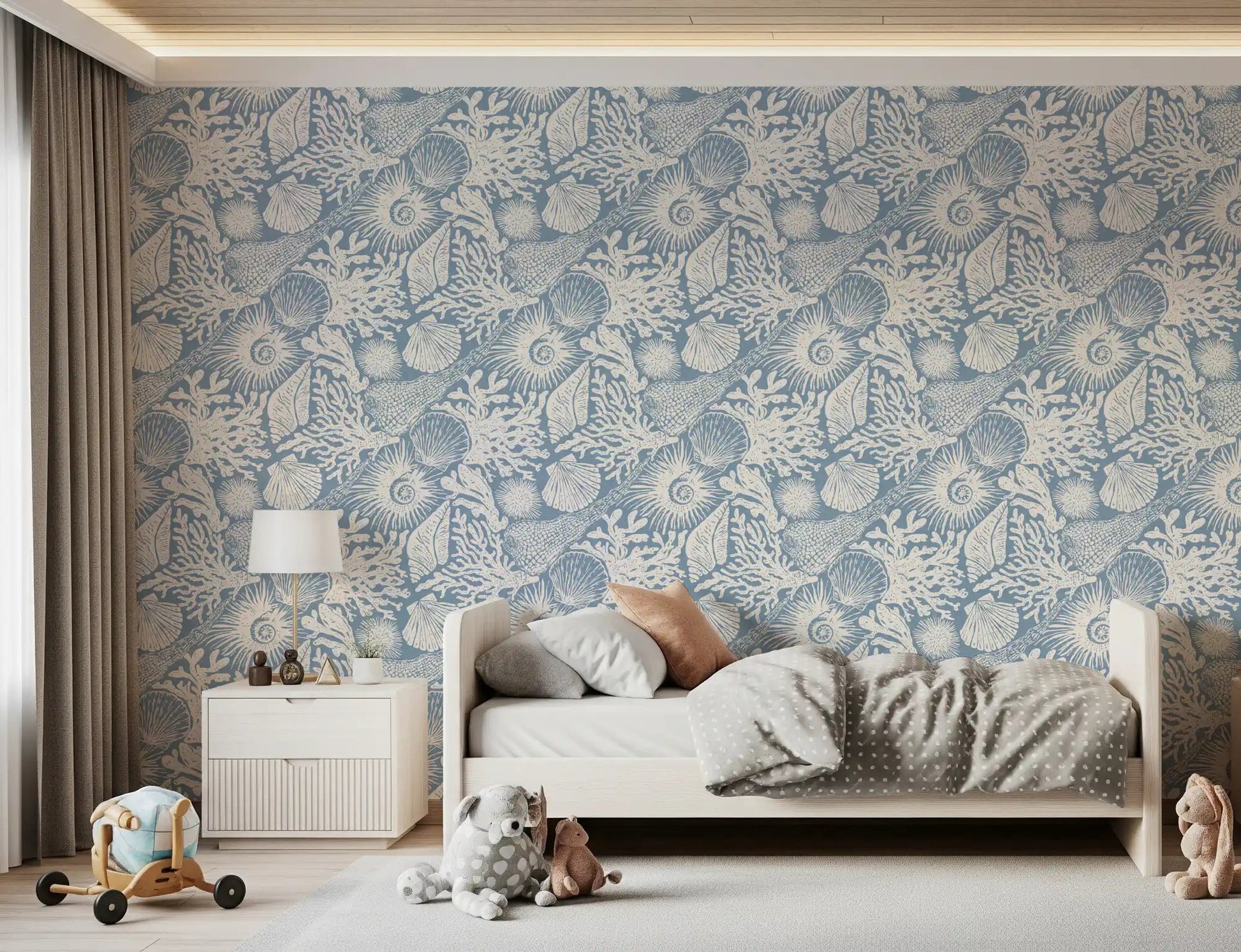 Scallops, ammonites, and urchins scatter across Boho Seashell Coral wallpaper.GD9547