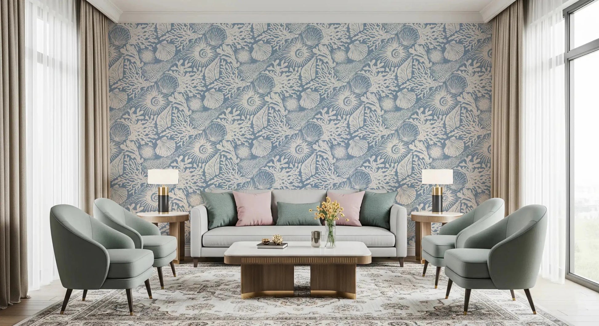 Reef forms thread through a lounge in Seashell Coral Off-White wallpaper.⁠GD9547
