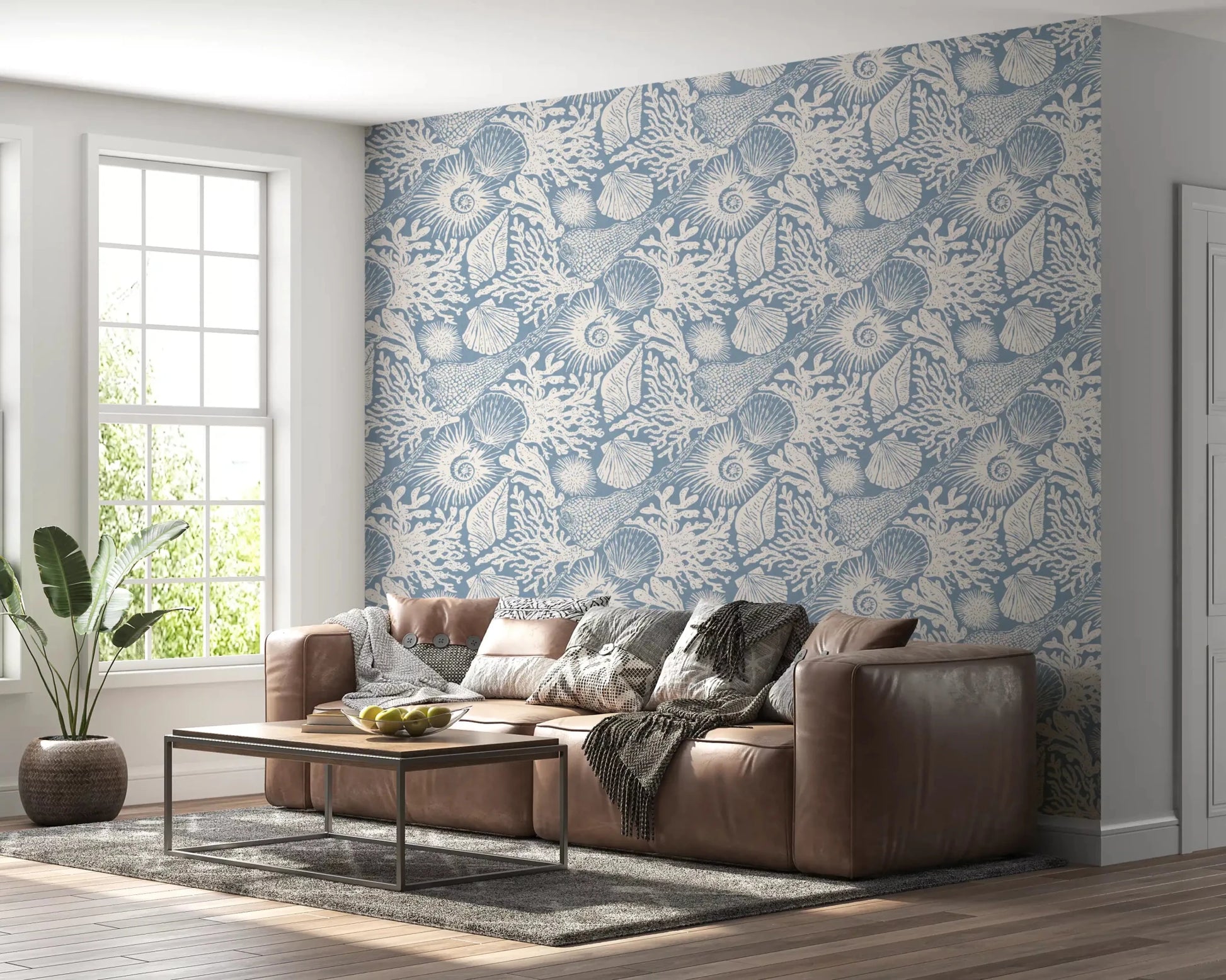 Marine line motifs anchor a master hallway with Boho Azure wallpaper.
⁠GD9547