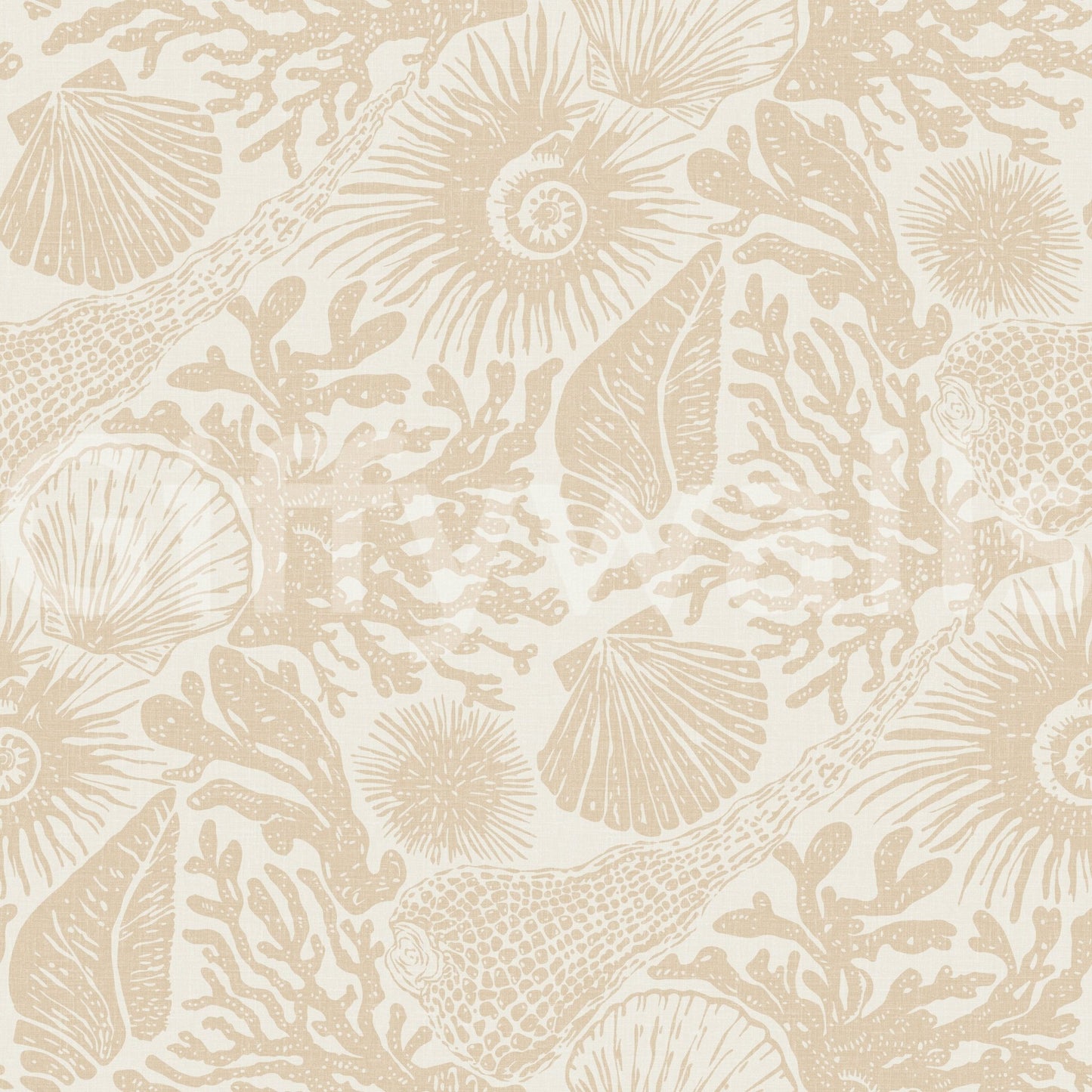 Reef branches, sponges, and ammonites layer through Boho Coral Sand wallpaper.GD9549