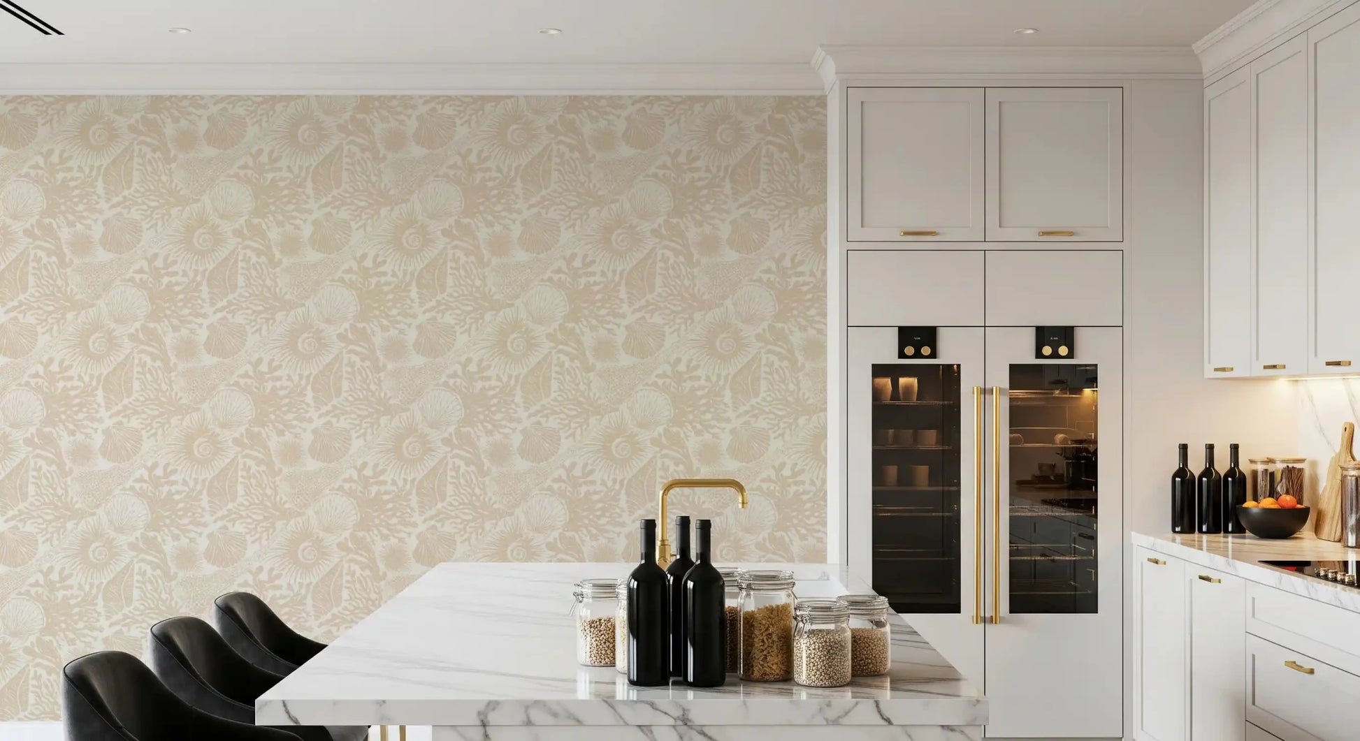 Fish, kelp, and fan corals weave through Seashell Coral Sand wallpaper.GD9549