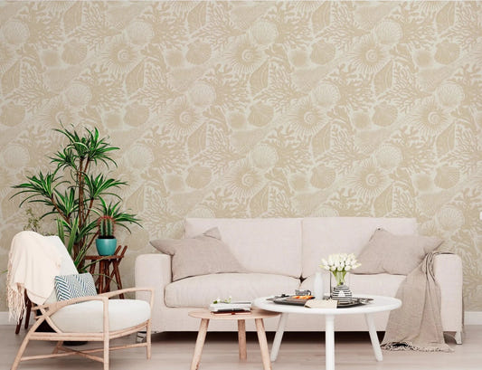 Soft sand motifs sit behind a living room with Boho Seashell Coral wallpaper.
⁠GD9549