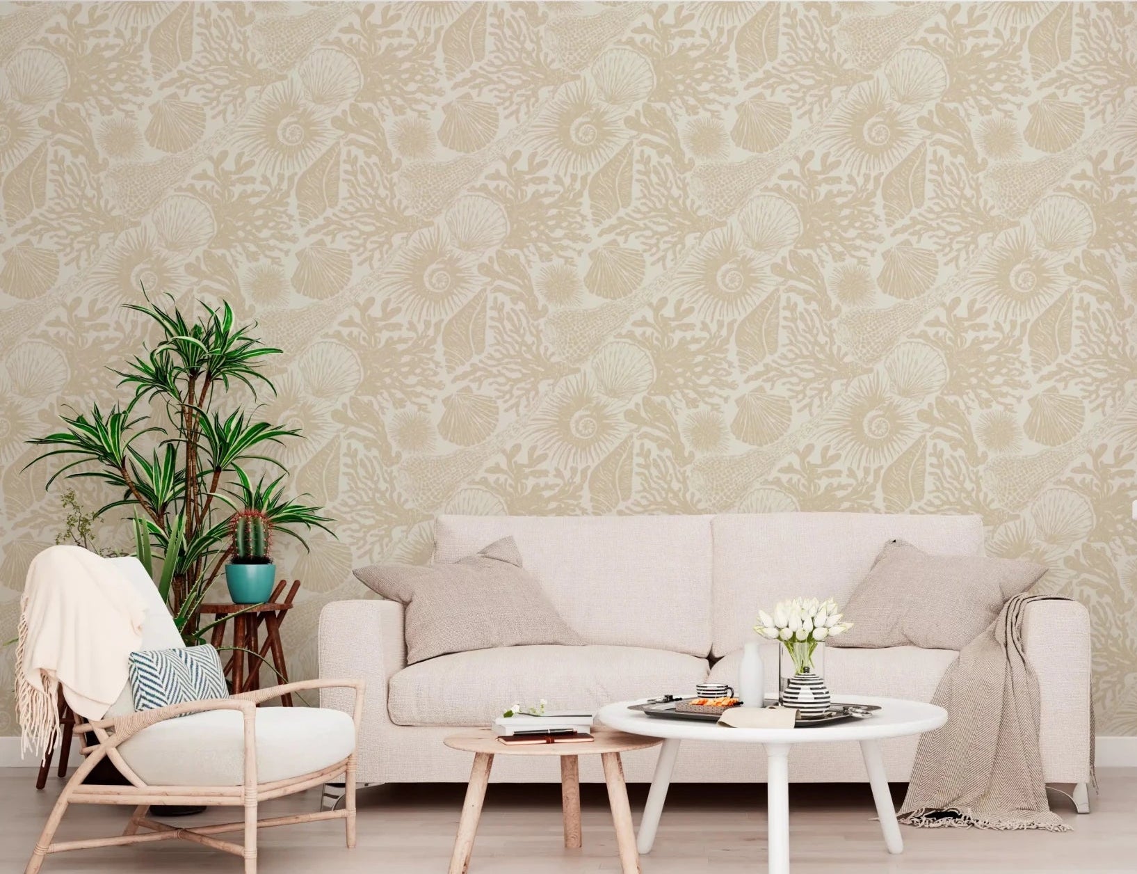 Soft sand motifs sit behind a living room with Boho Seashell Coral wallpaper.
⁠GD9549