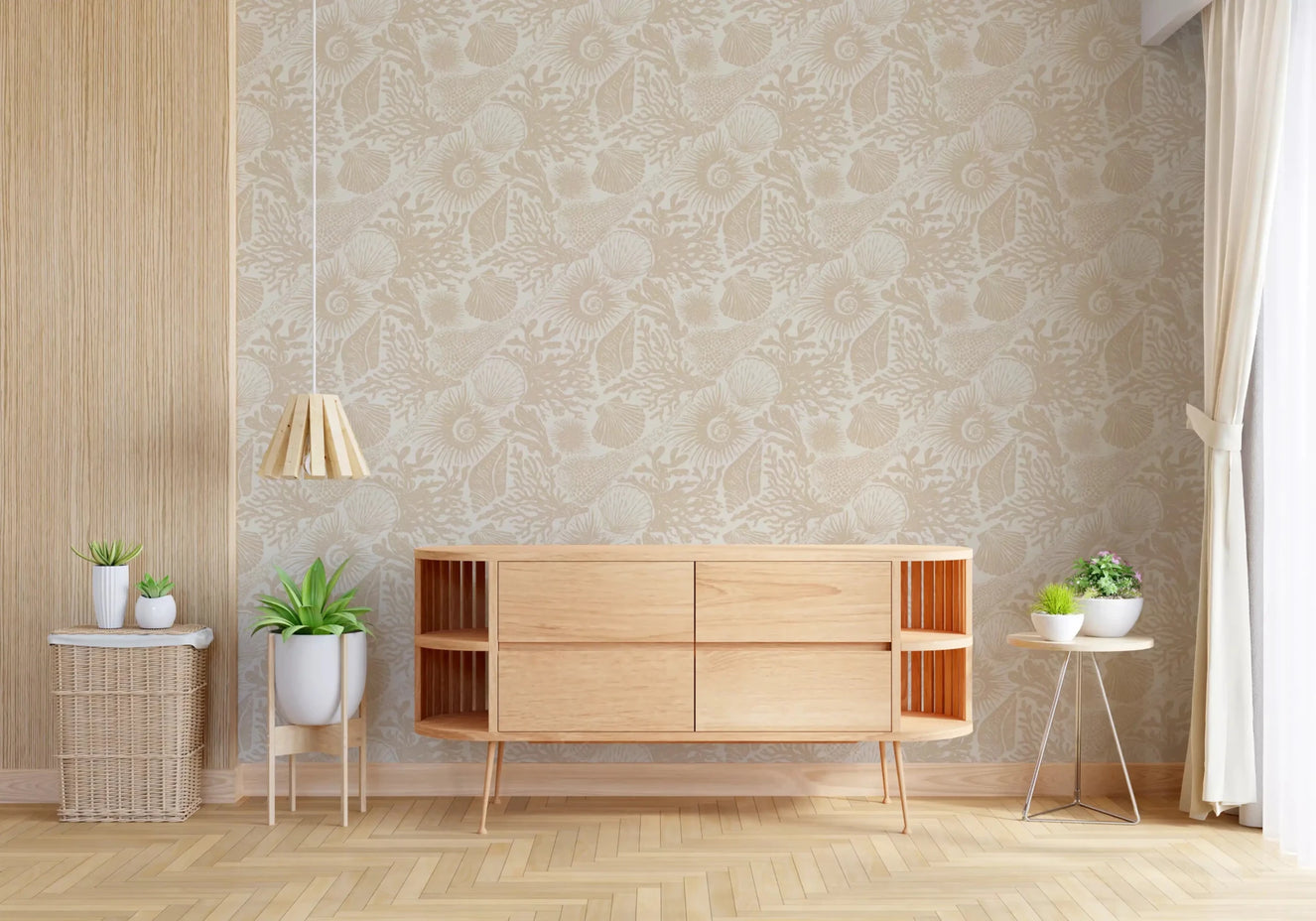 Cream marine sketches wash a Living room in Boho Coral Sand wallpaper.GD9549