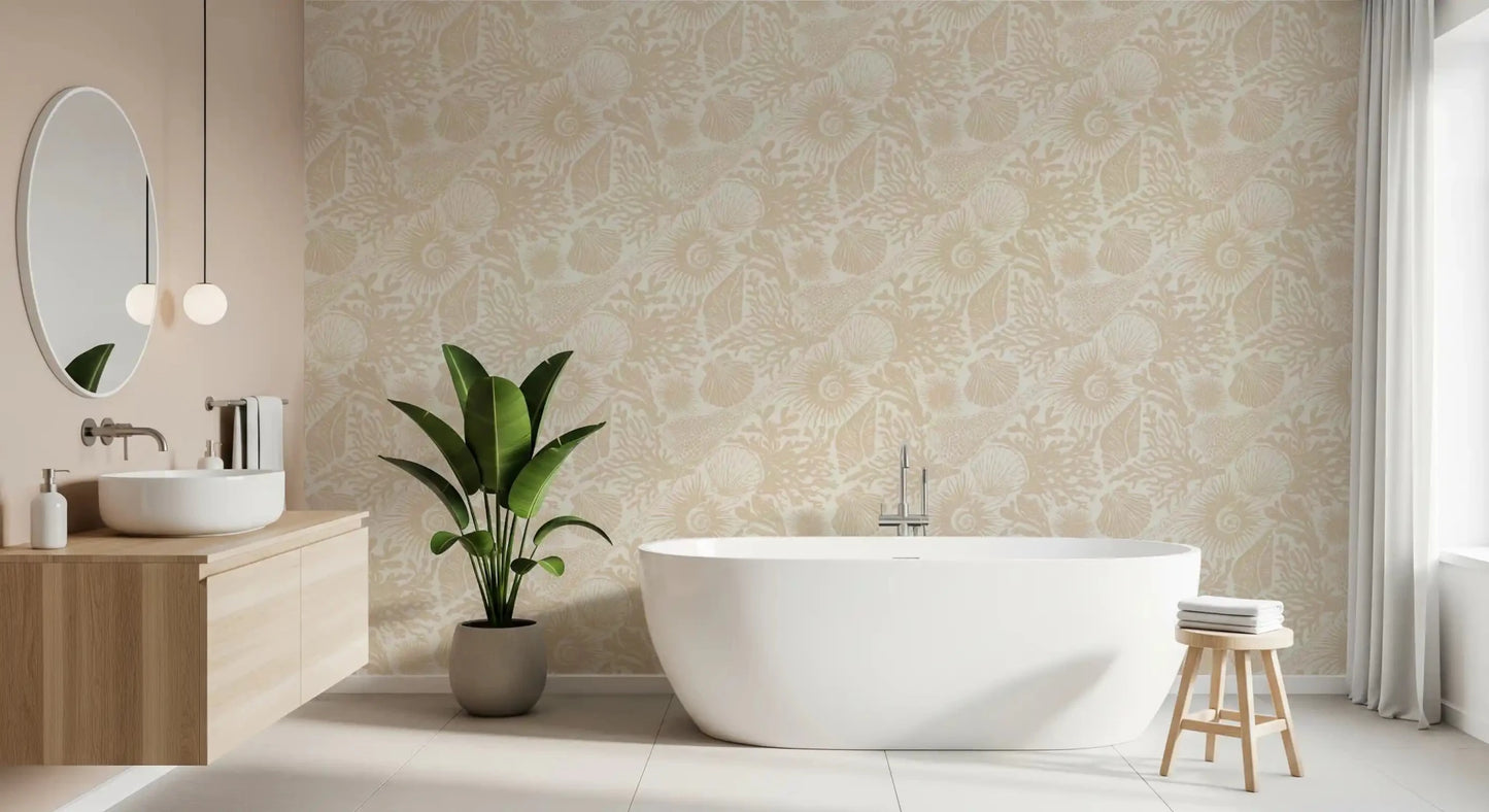 Shells and corals trail behind a bathroom with Seashell Coral Sand wallpaper.⁠GD9549