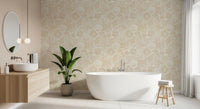 Shells and corals trail behind a bathroom with Seashell Coral Sand wallpaper.⁠GD9549