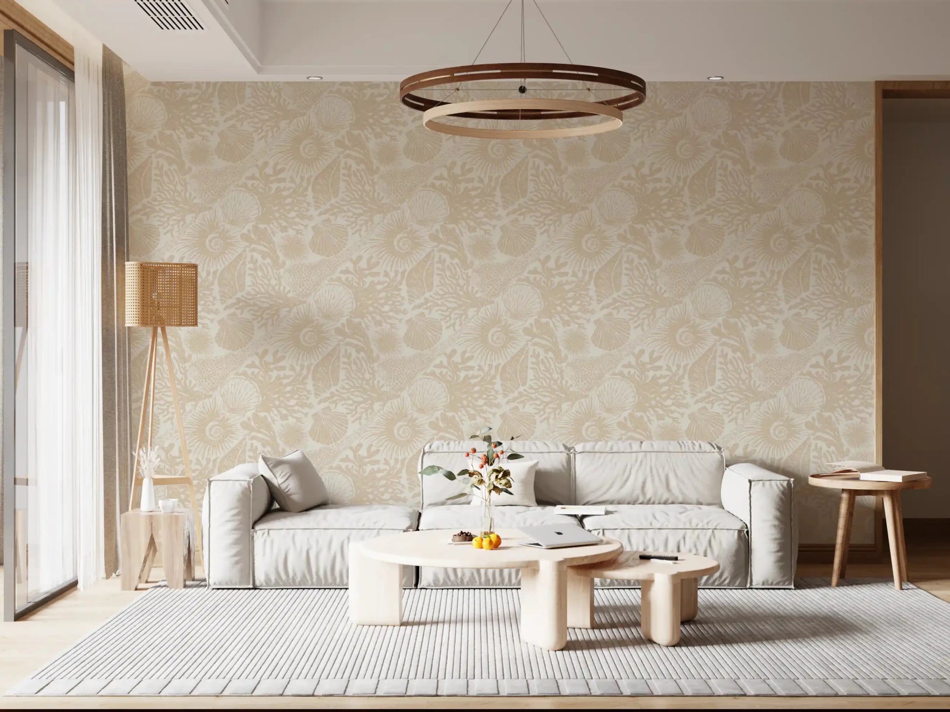 Scallops, ammonites, and sea urchins scatter across Boho Seashell Coral wallpaper.GD9549