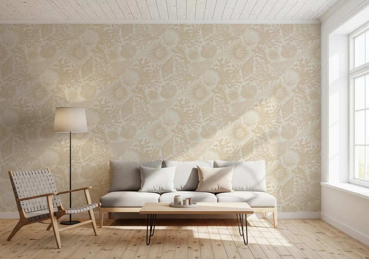 Linen weave runs beneath Boho Seashell Sand wallpaper for a soft tactile feel.⁠GD9549